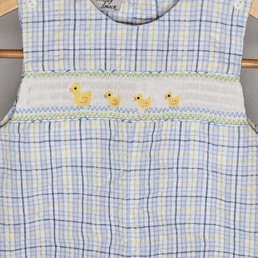 Simply‎ Smock Baby Blue Yellow Plaid Duckling Hand Smocked Romper Sunsuit Kids